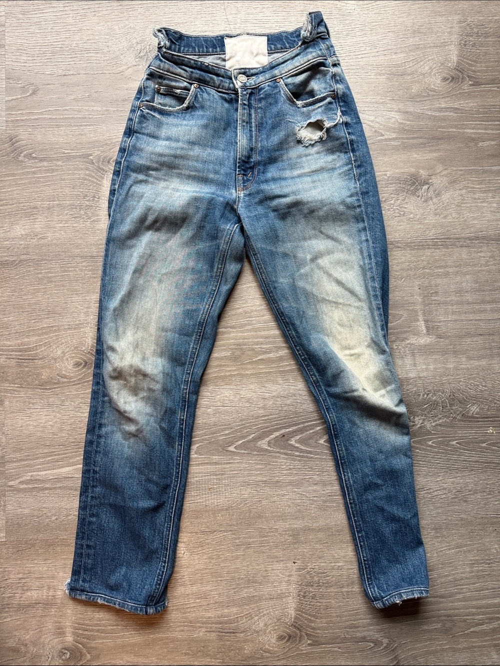 MOTHER Men's Faded Blue Slim Straight Jeans with Rip